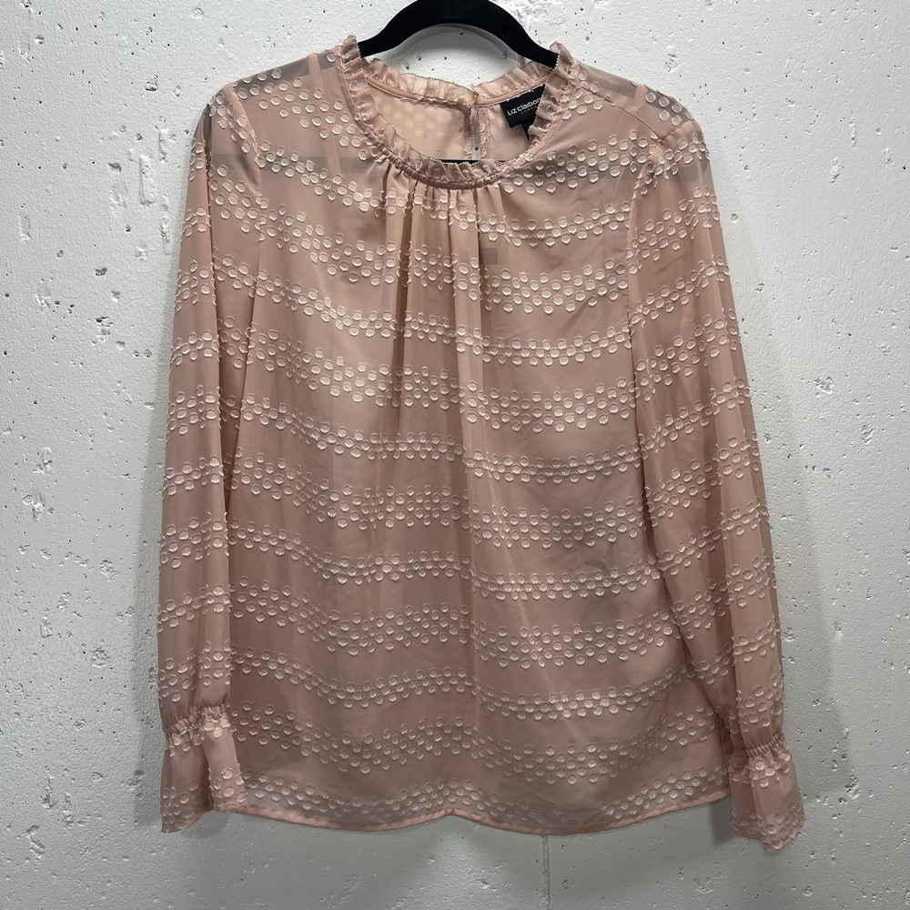 Liz Claiborne Career Womens Medium‎ Pink Polkadot Blouse Long Sleeve